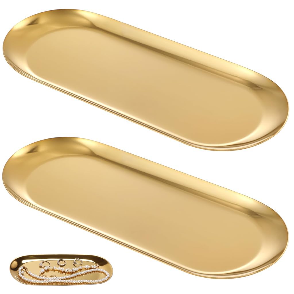 HASTHIP 2Pcs Golden Trays Stainless Steels Jewelry Organizer Trays Dressing Table Organizer Trays Bathroom Vanity Trays Multi Purpose Organizer Trays Kitchen Food Trays, 23x9cm HASTHIP 2Pcs Golden Trays Stainless Steels Jewelry Organizer Trays Dressing Table Organizer Trays Bathroom Vanity Trays Multi Purpose Organizer Trays Kitchen Food Trays, 23x9cm